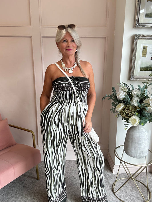 Zebra Vibe Bandeau Jumpsuit - Green/Cream - Wardrobe By Simone