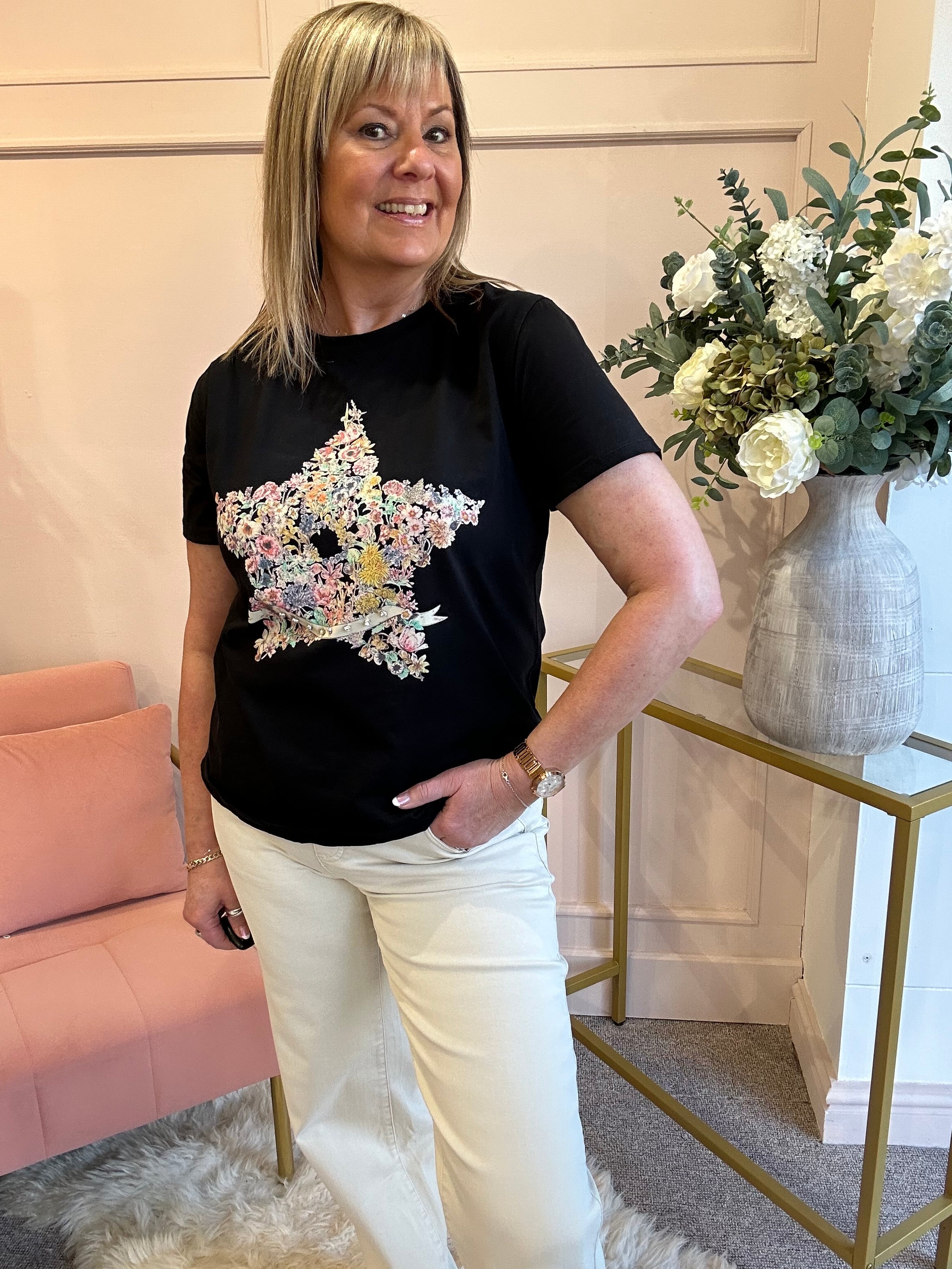 Itsy Bitsy Floral Star T-Shirt - Black - Wardrobe By Simone
