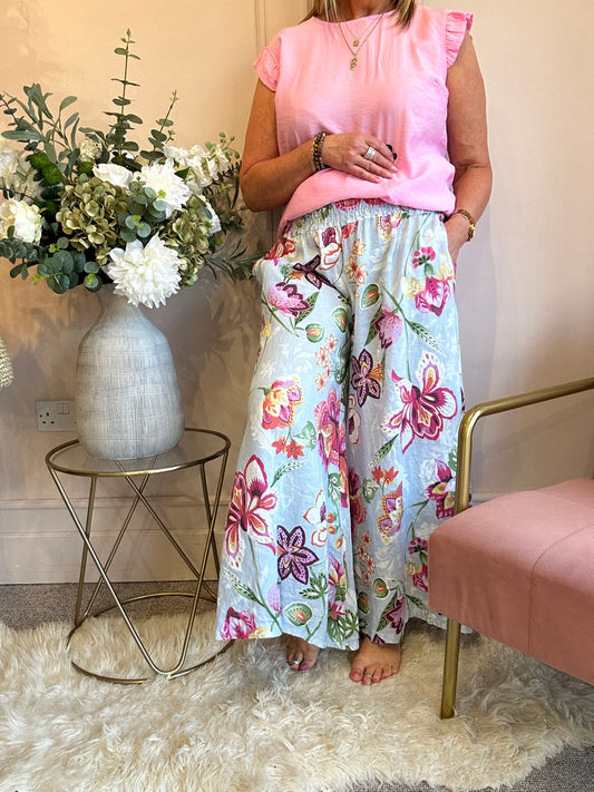 Flower Power Palazzo Pant - Powder Blue/Mix - Wardrobe By Simone
