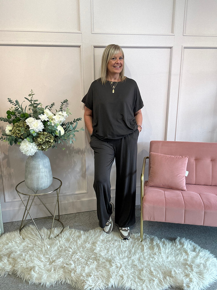 T Shirt & Wide Pant Lounge Set - Brown - Wardrobe By Simone