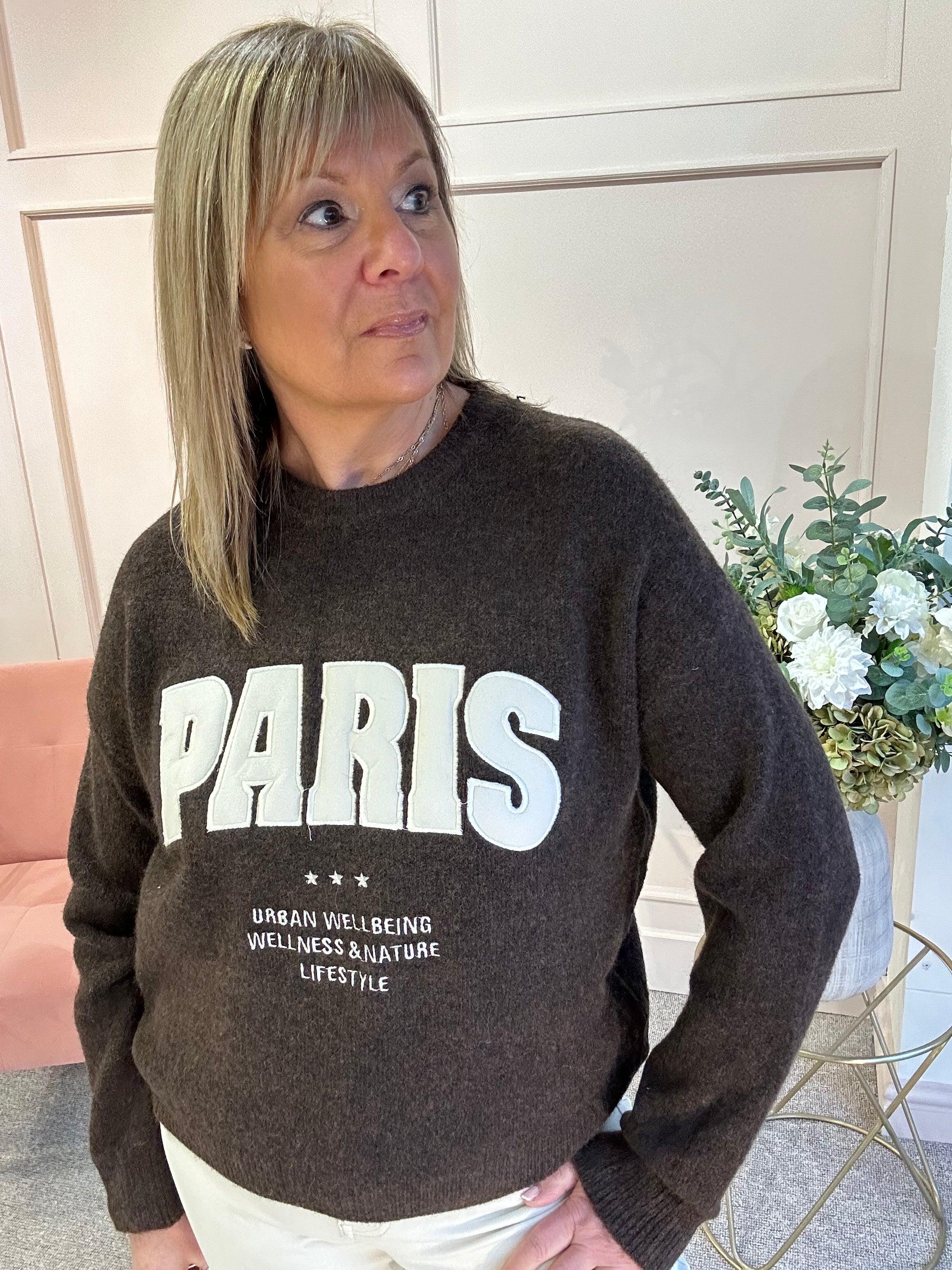 Embossed Paris Jumper - Brown