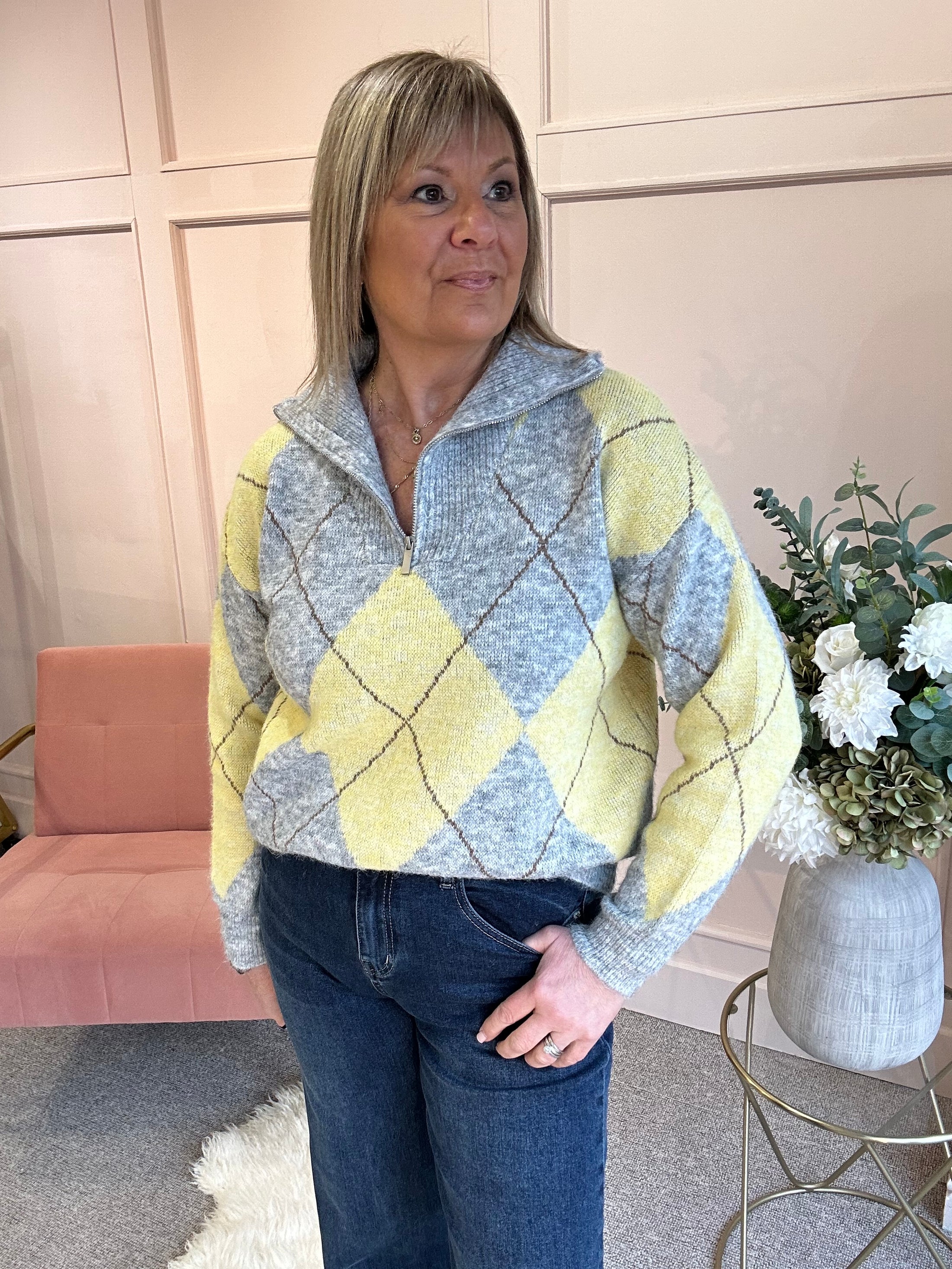 Diamond Pattern Zip Jumper - Grey/Lemon