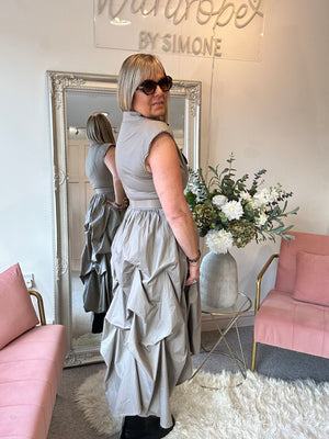 Quirky Belted Ruched Skirt Dress - Taupe