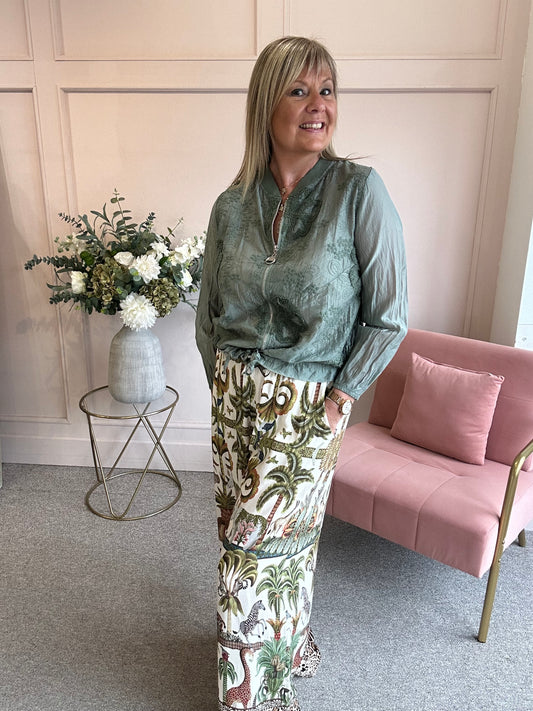 Embossed Floral Zip Jacket - Sage Green