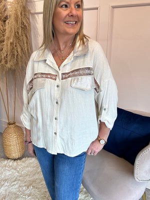 Gold Accents On Oversized Shirt  - Cream
