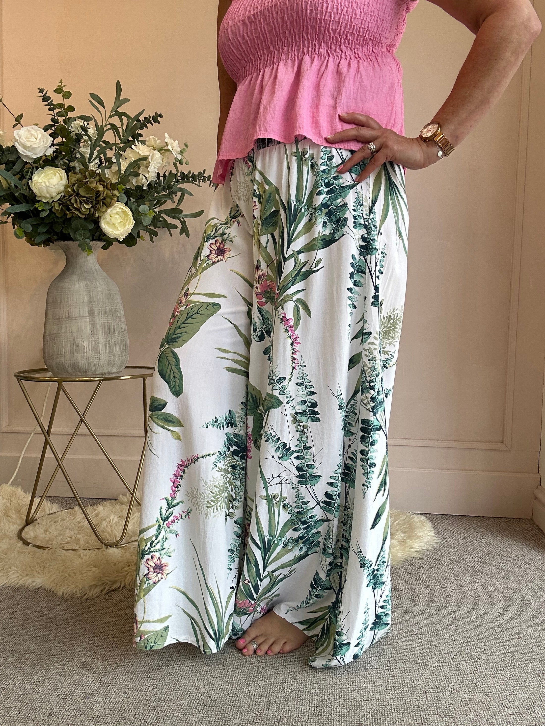 Botanical Palazzo Pant - White/Green - Wardrobe By Simone