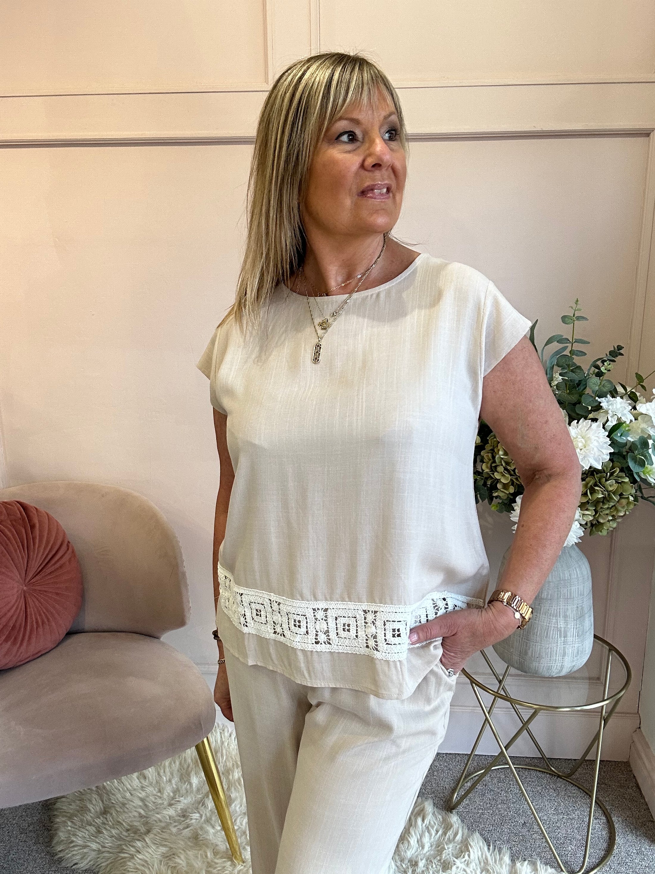 Detailed Edge Top & Pant Set - Soft Taupe - Wardrobe By Simone