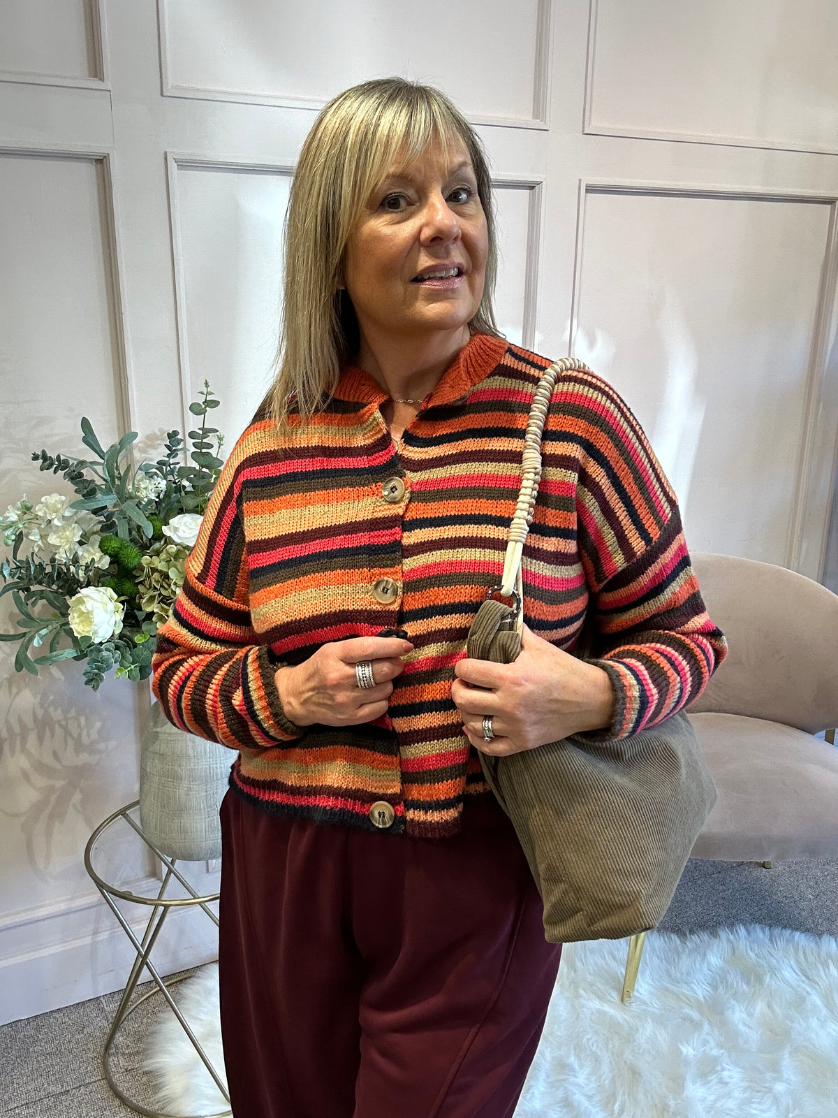 Striped Knit Cardigan - Burnt Orange/Brown