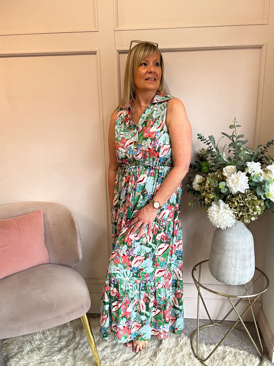 Meadow Garden Maxi Dress - Green/Coral - Wardrobe By Simone