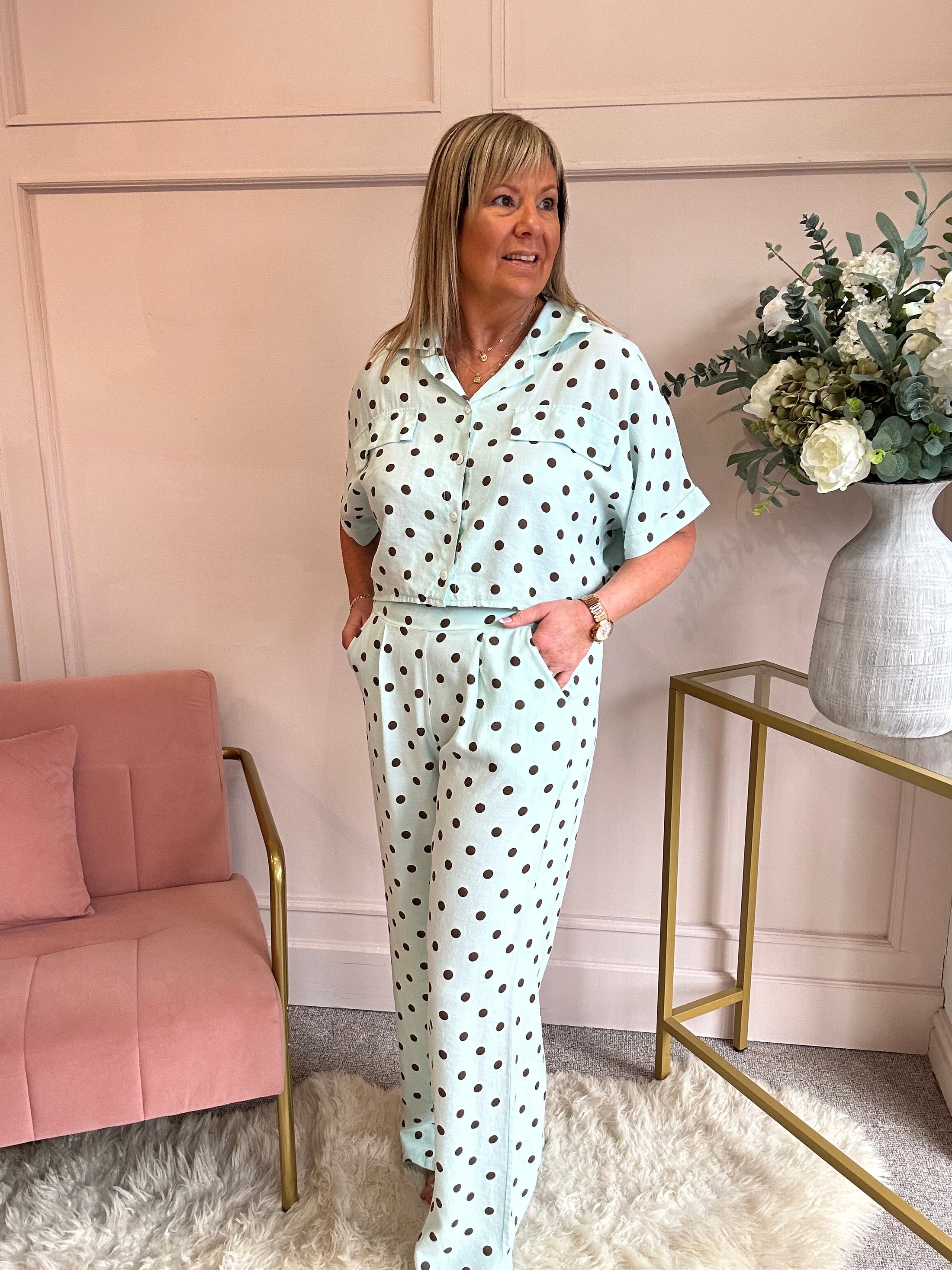 Polka Dot Shirt Pant Set - Mint/Brown - Wardrobe By Simone