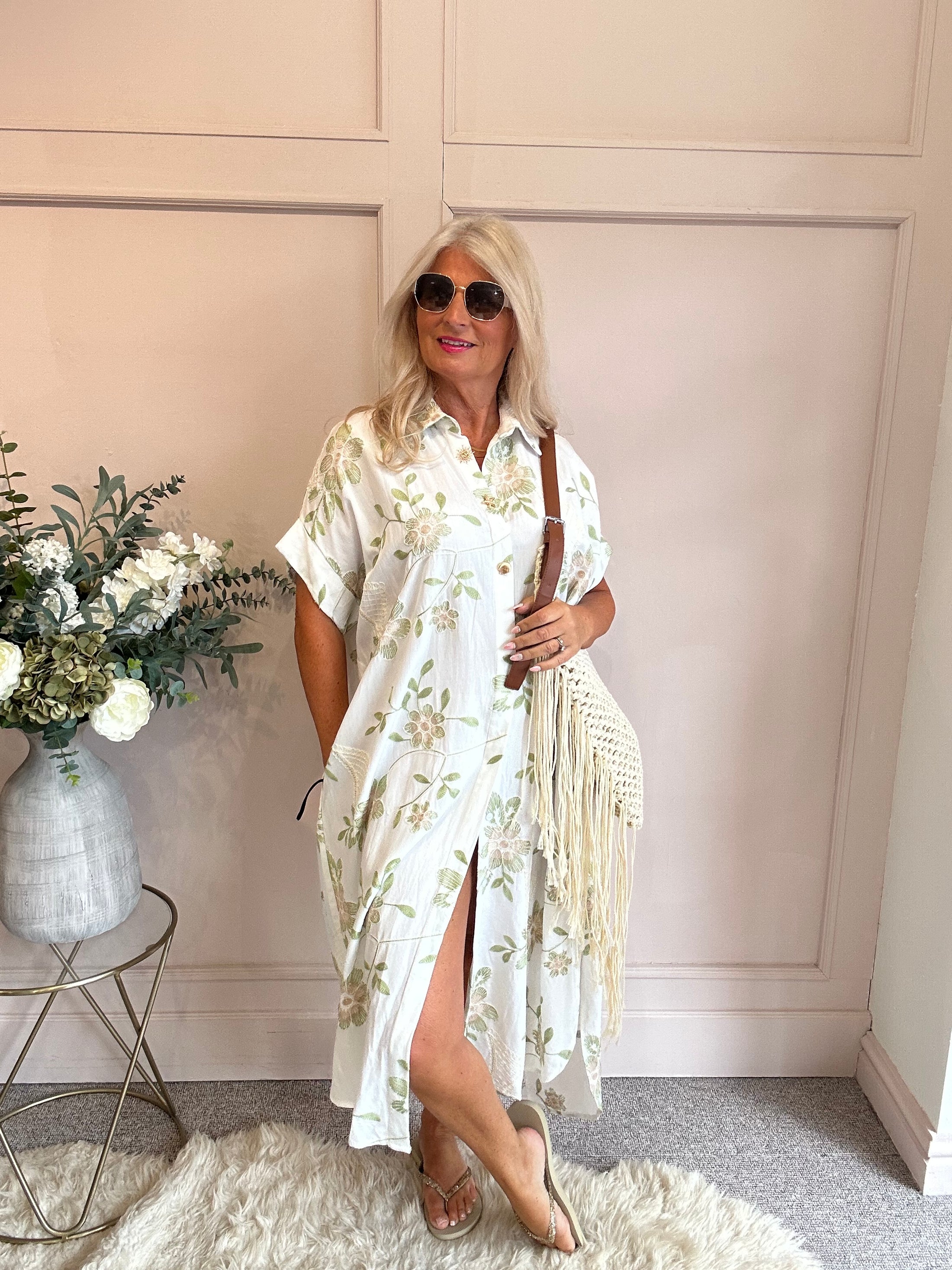 Flowers Embroidered & Gems Maxi Shirt  - White