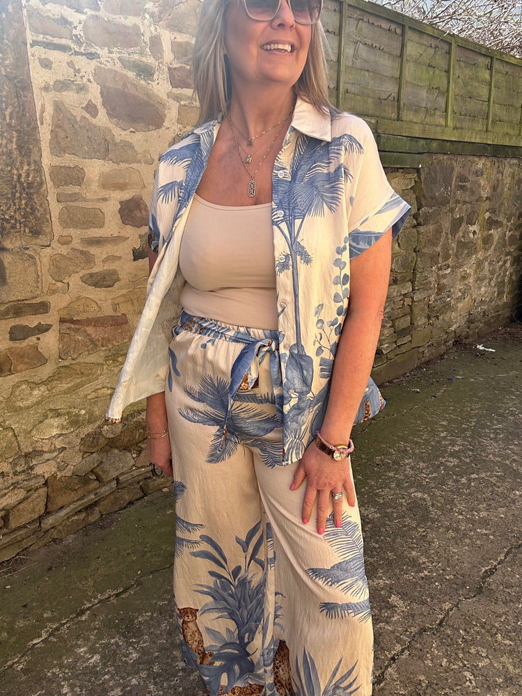 Cheetah & Palm Print Shirt - Cream/Blue