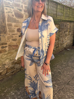 Cheetah & Palm Print Shirt - Cream/Blue