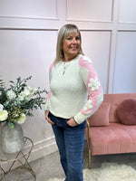 Beaded Flower Detail Jumper - Cream/Pink