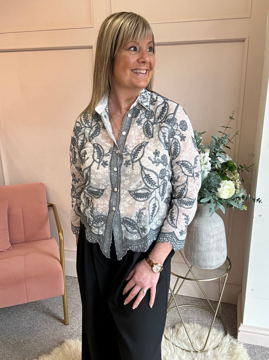 Pretty Embroidered Lace Shirt - White/Grey - Wardrobe By Simone