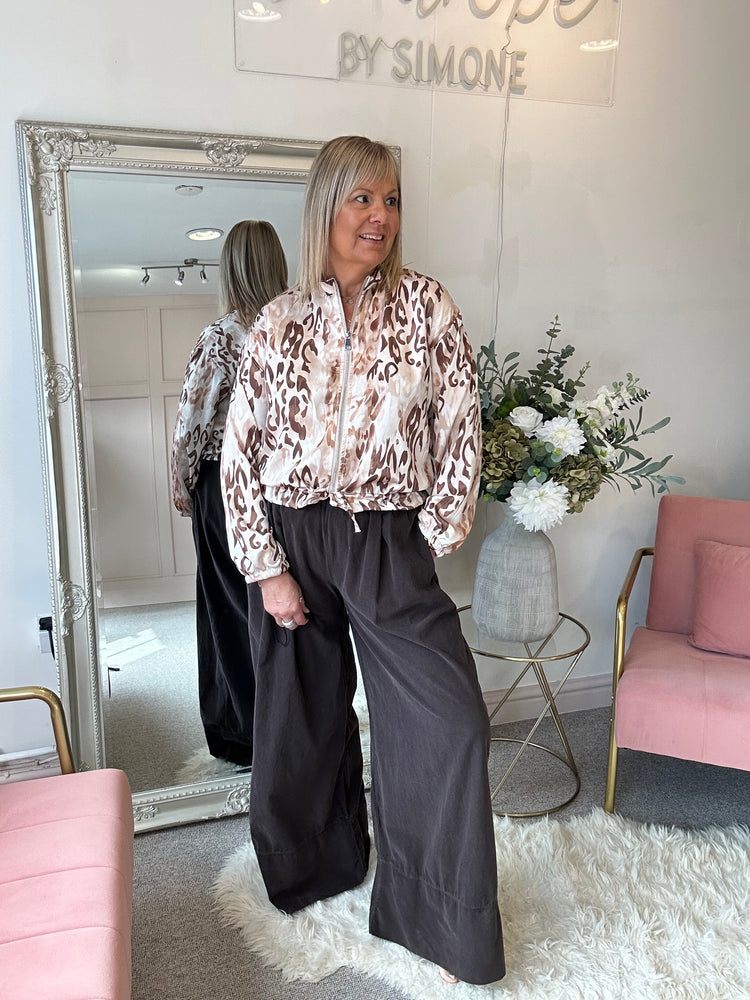 Leopard Satin Zip Bomber - Cream/Brown