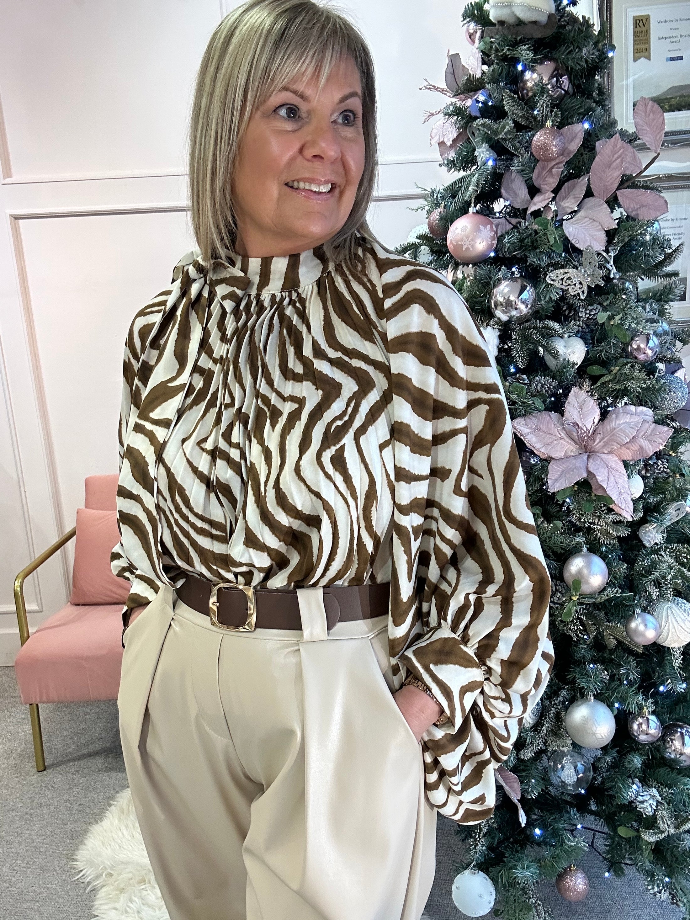 Zebra Bow Tie Blouse - Brown/Cream