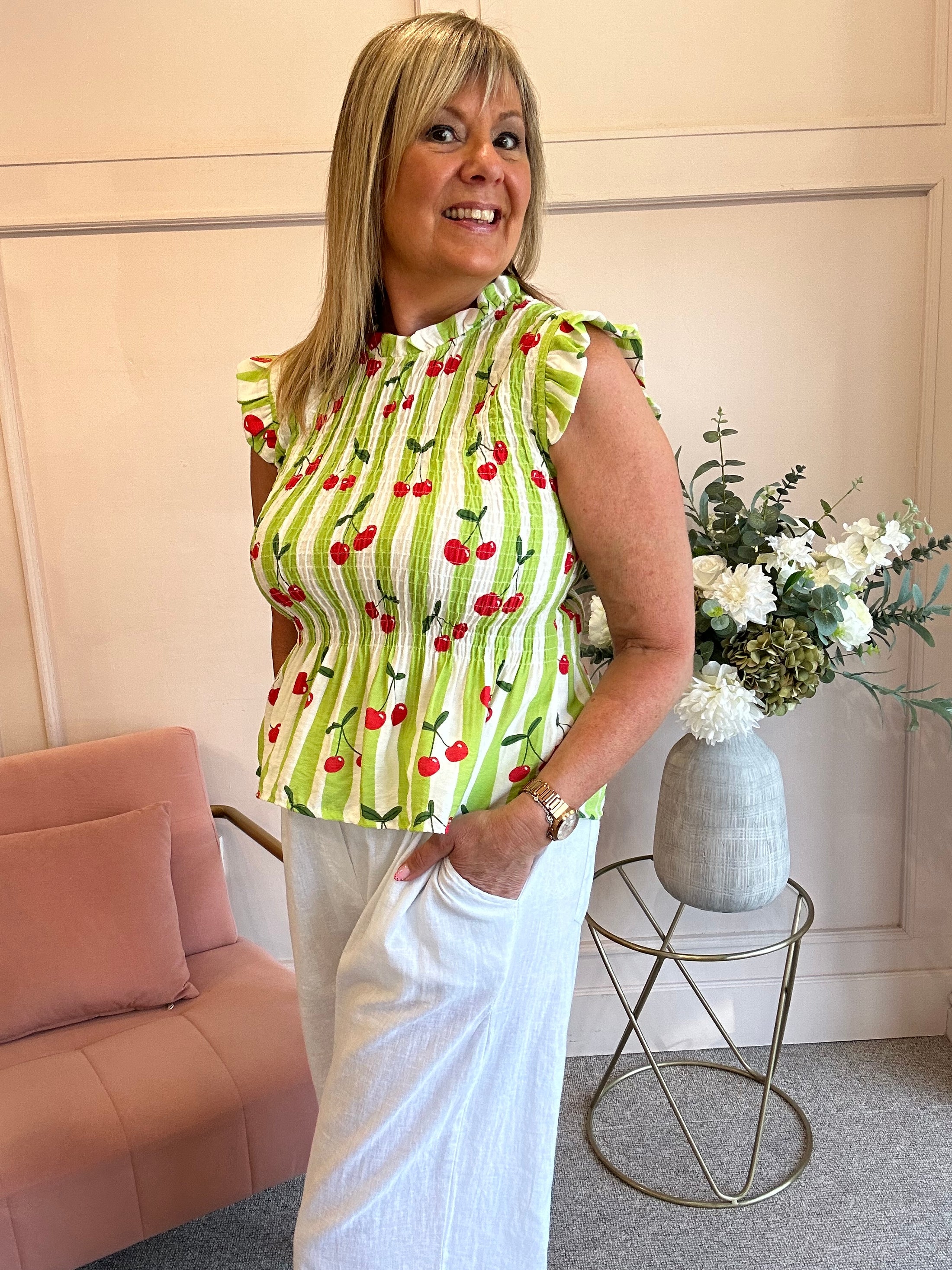 Cute Cherry Peplum Top  - Cherry/Lime
