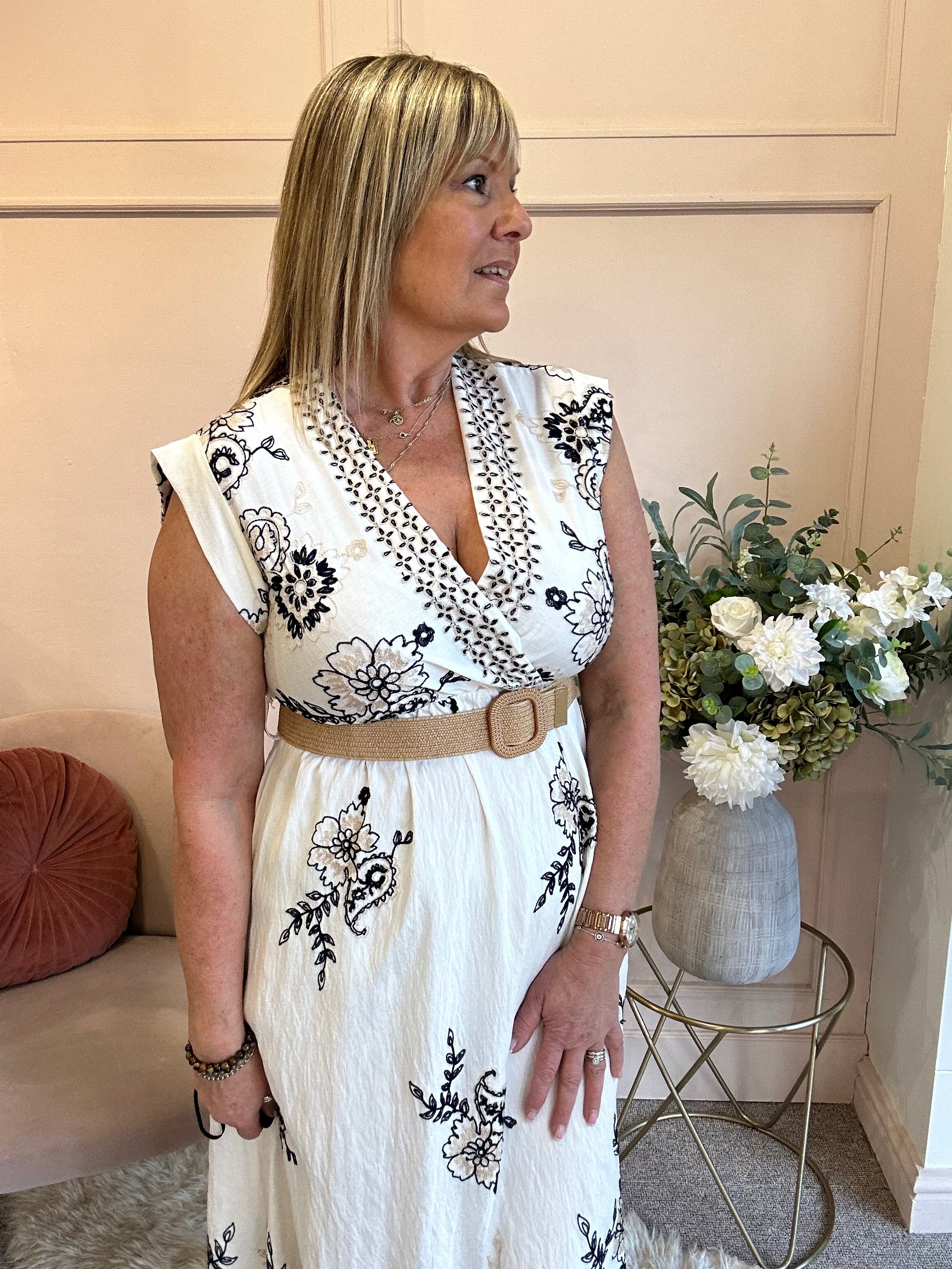 Floral Embroidered Detail Dress - White/Navy - Wardrobe By Simone