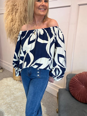 Bold Print Bardo Top - Navy/Cream