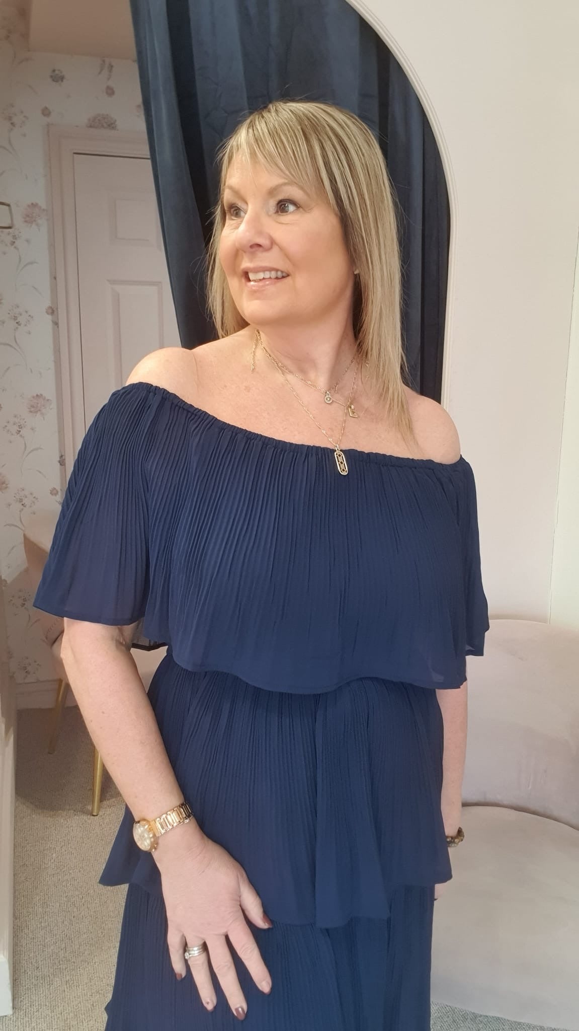 Off Shoulder Tiered Pleated Dress  - Navy - Wardrobe By Simone