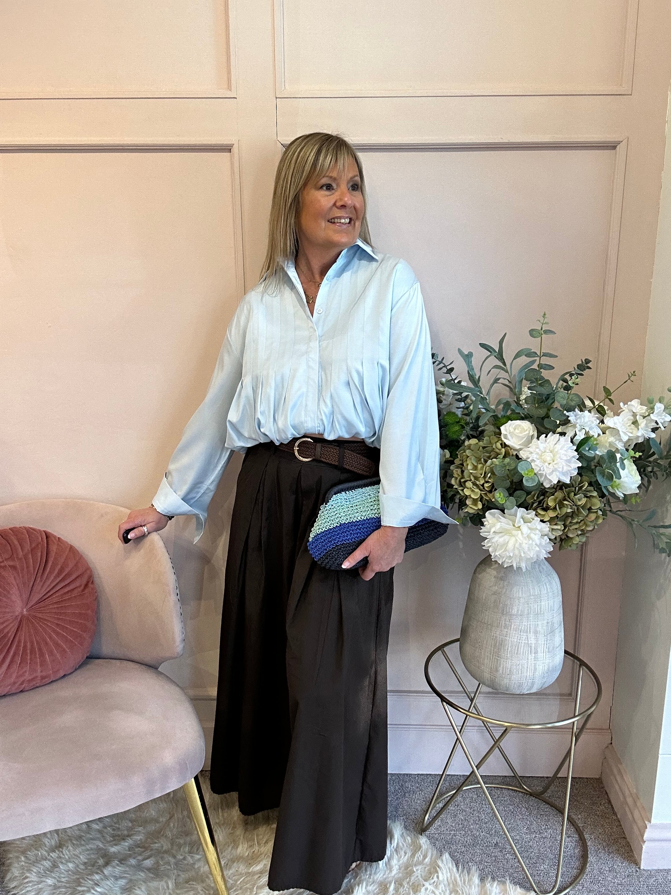 Sheer Shimmer Pleated Shirt - Aqua Blue - Wardrobe By Simone
