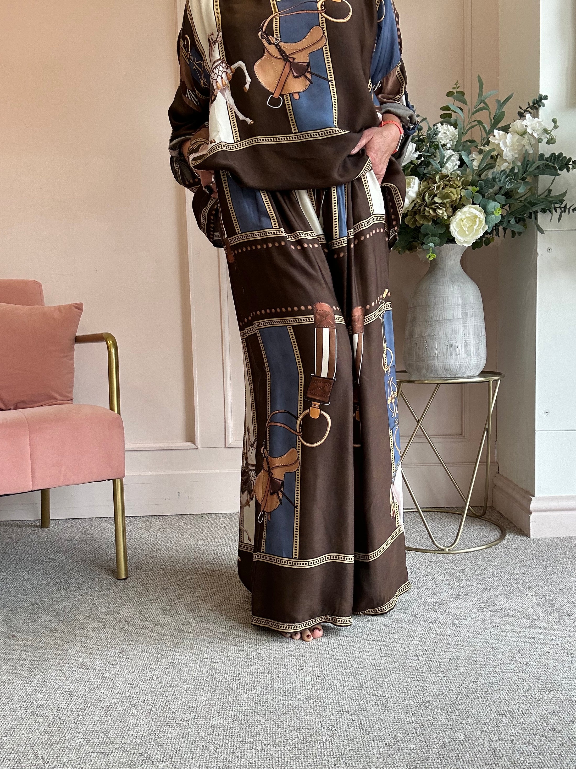 Horse & Bridle Silk Wide Pant - Brown/Blue - Wardrobe By Simone