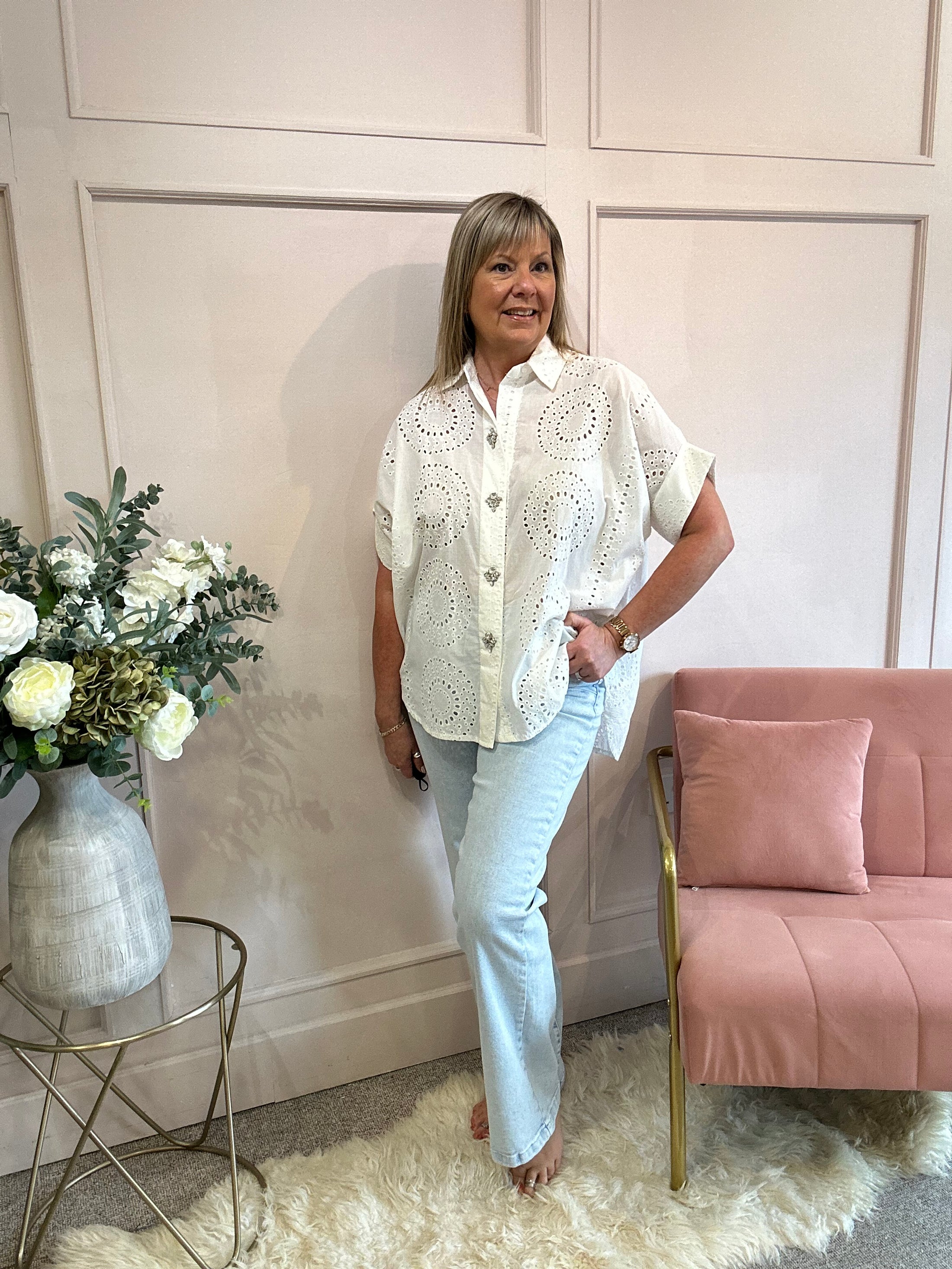 Broderie Anglaise Jewel Button Shirt  - White - Wardrobe By Simone