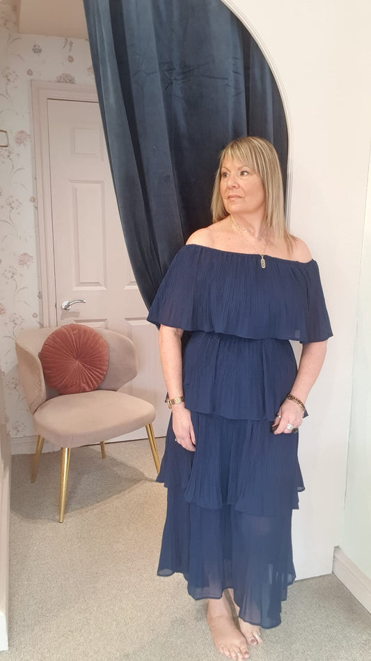 Off Shoulder Tiered Pleated Dress  - Navy - Wardrobe By Simone