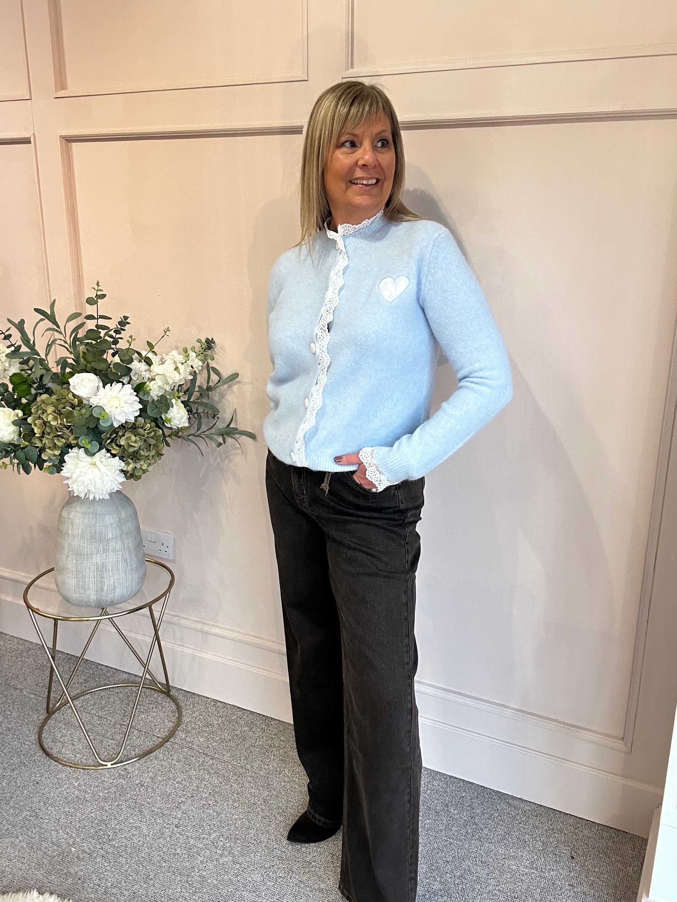 Lace Detail & Heart Cardigan - Soft Blue