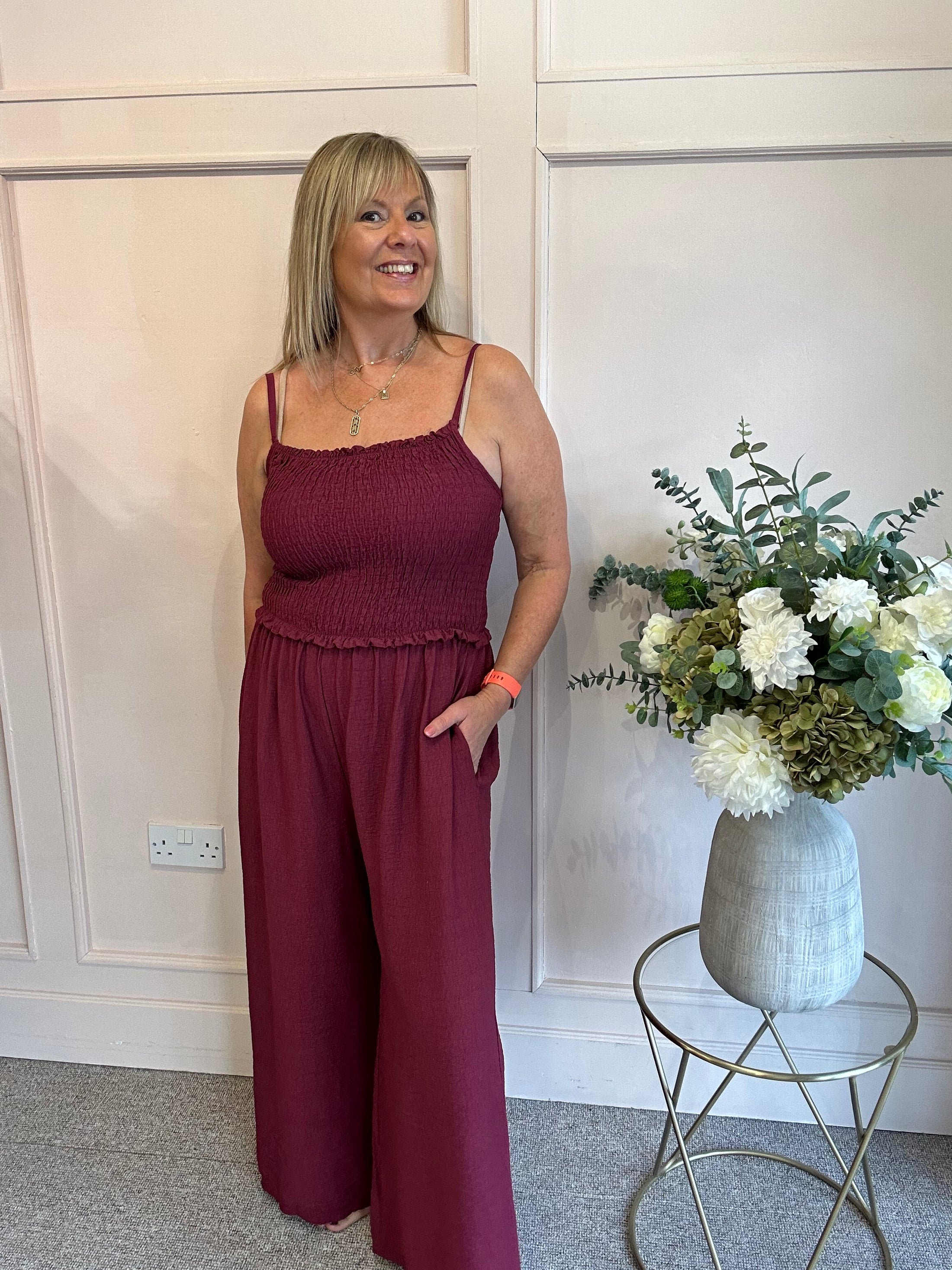 Elasticated Bodice & Wide Leg Jumpsuit - Burgundy