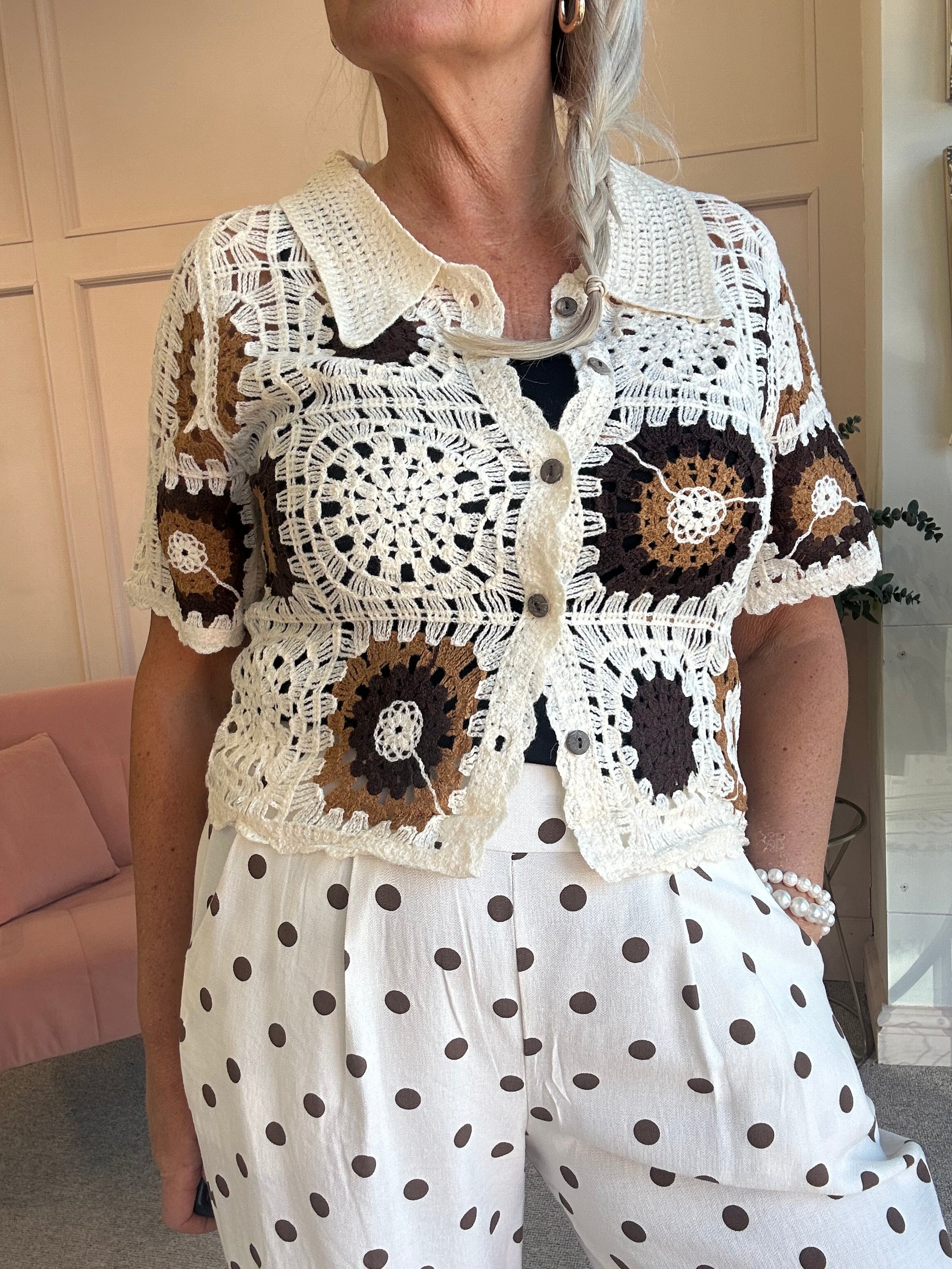Crochet Collared Cardigan - Cream/Brown/Tan - Wardrobe By Simone