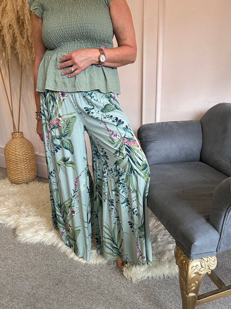 Botanical Flower Wide Leg Pant - Green MIx