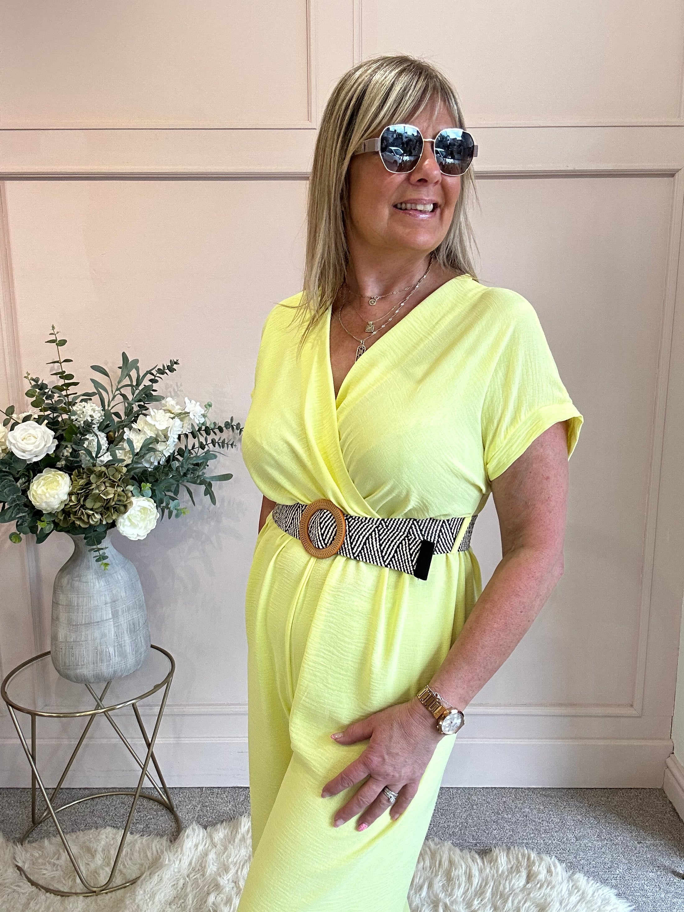 V Neck Jumpuit - Yellow One Size