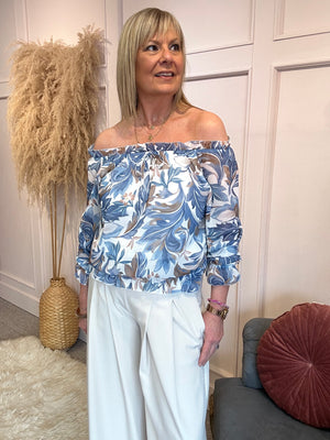 Ruffle Neck Flower Leaf Blouse - Blue/White