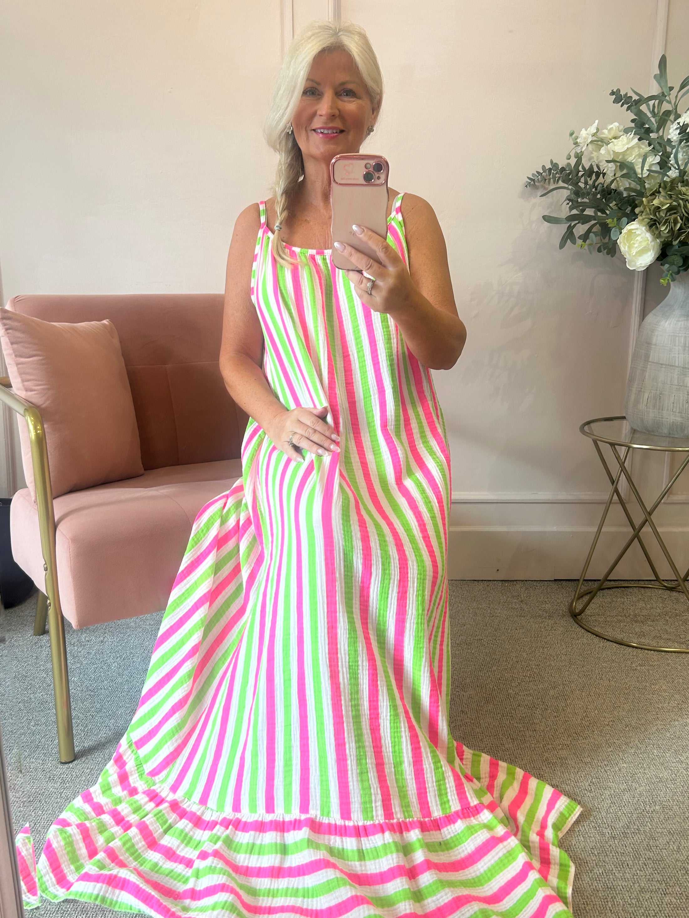 Strappy Maxi Sun Dress- Pink/White/Green - Wardrobe By Simone