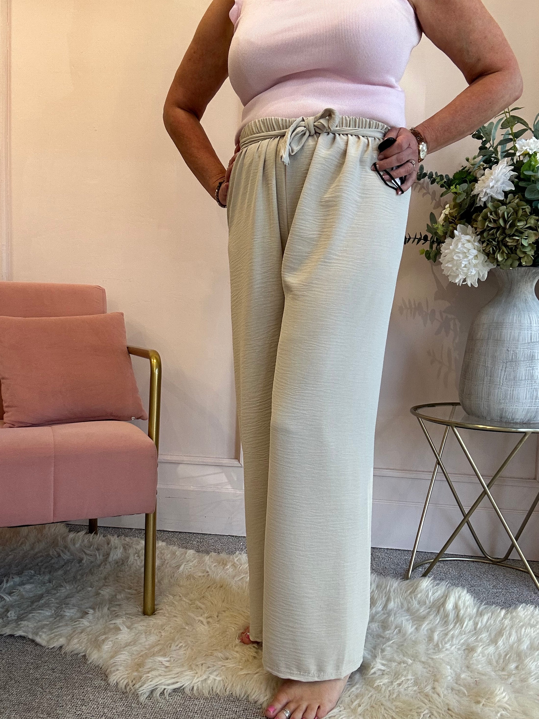 Tie Belt Wide Pant - Beige - Wardrobe By Simone