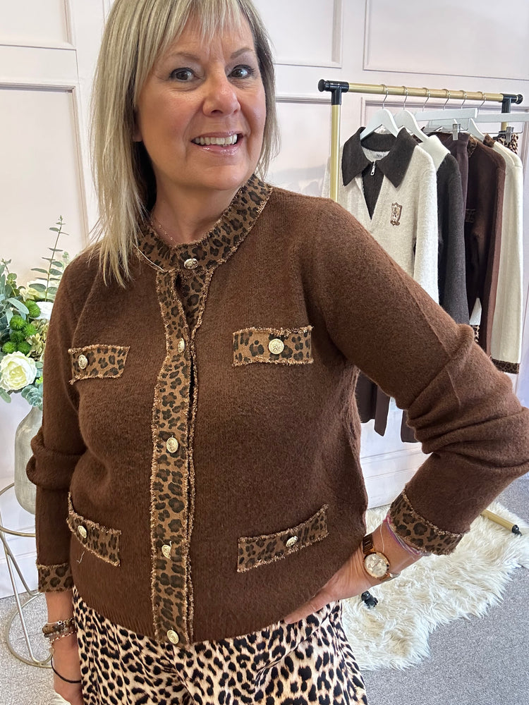 Stylish Leopard Edged Jacket/Cardi  - Chocolate
