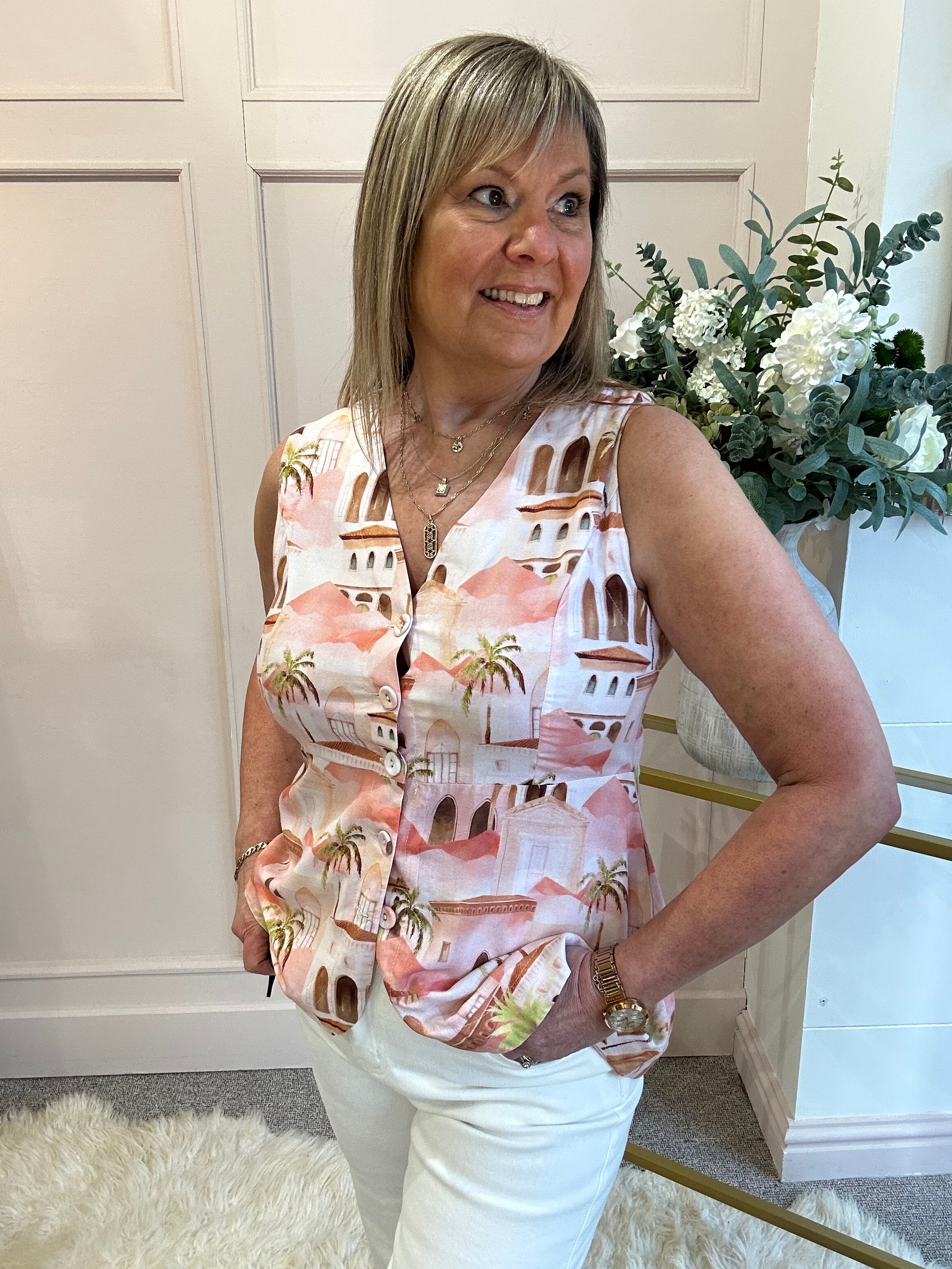 Santorini Vibe Waistcoat Top  - Coral - Wardrobe By Simone