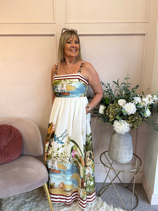 Lost In Paradise Maxi Dress - Cream/Green - Wardrobe By Simone