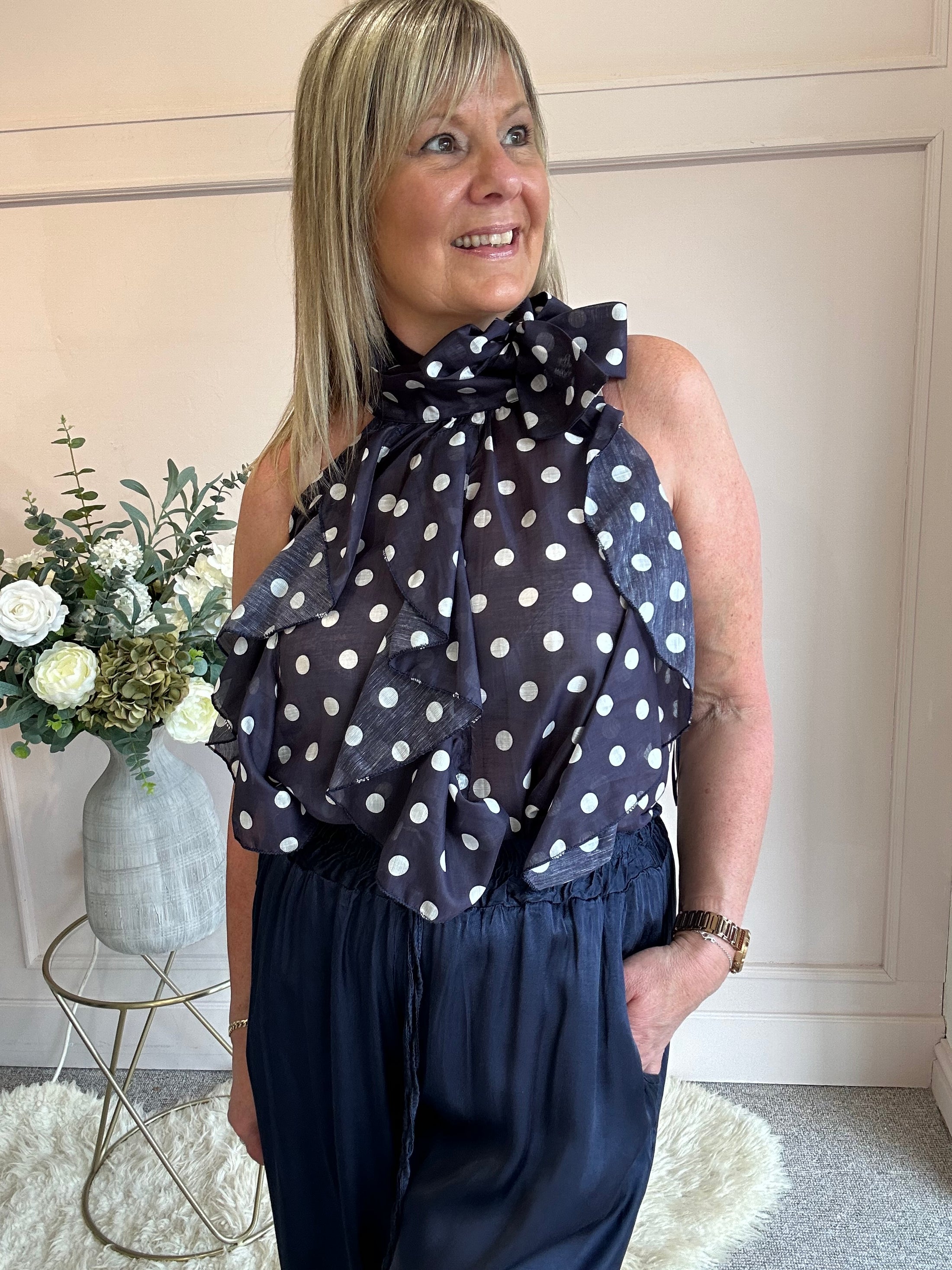 Spotty & Ruffle Top - NavyWhite - Wardrobe By Simone