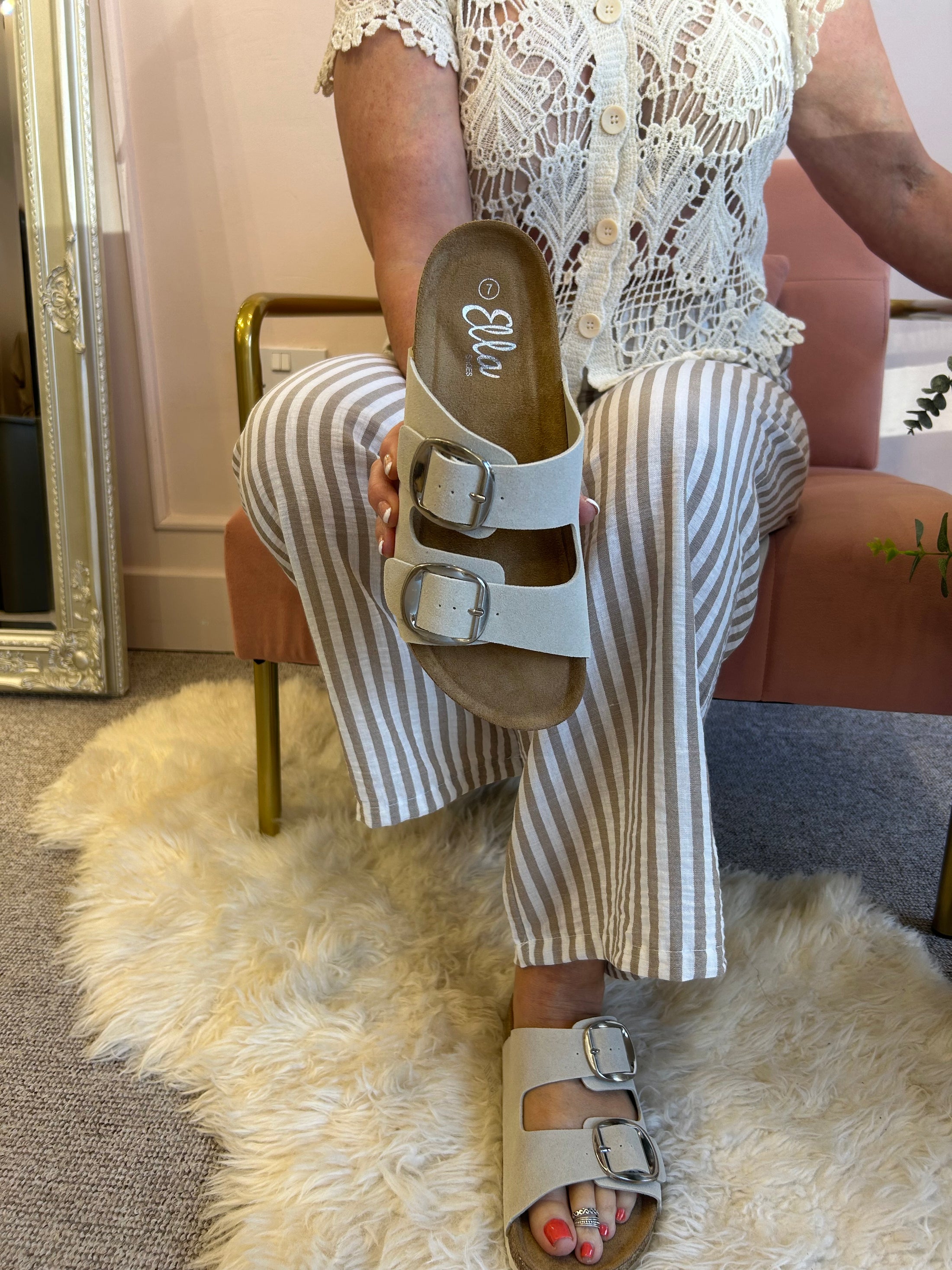 Violet Two Buckle Mule Sandal - Cream