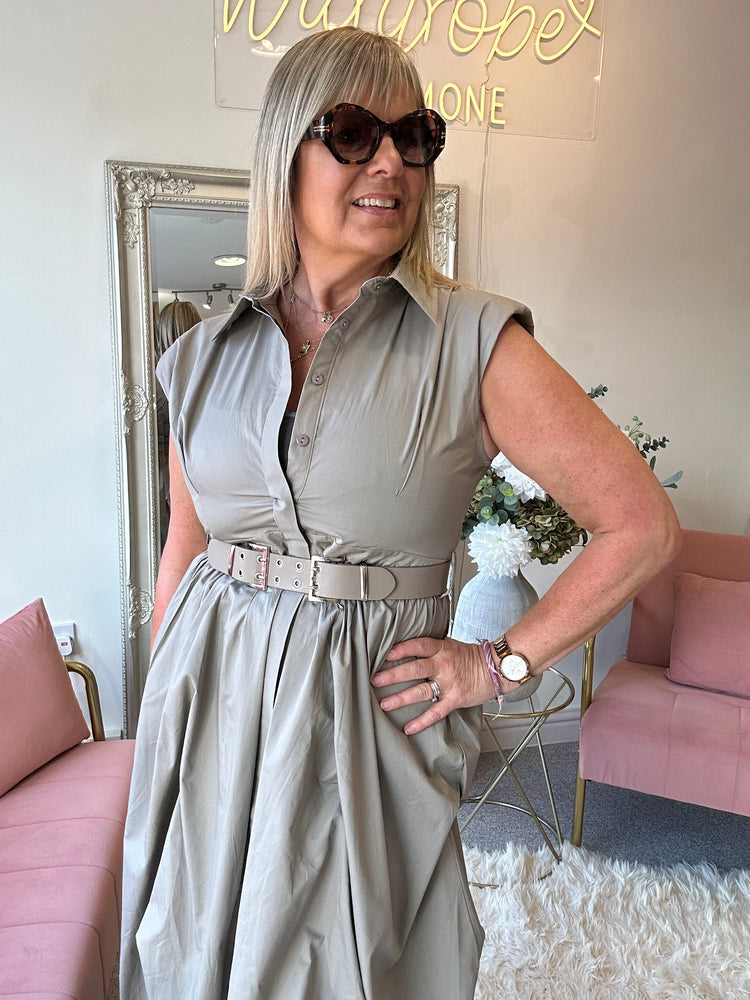 Quirky Belted Ruched Skirt Dress - Taupe