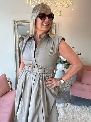 Quirky Belted Ruched Skirt Dress - Taupe