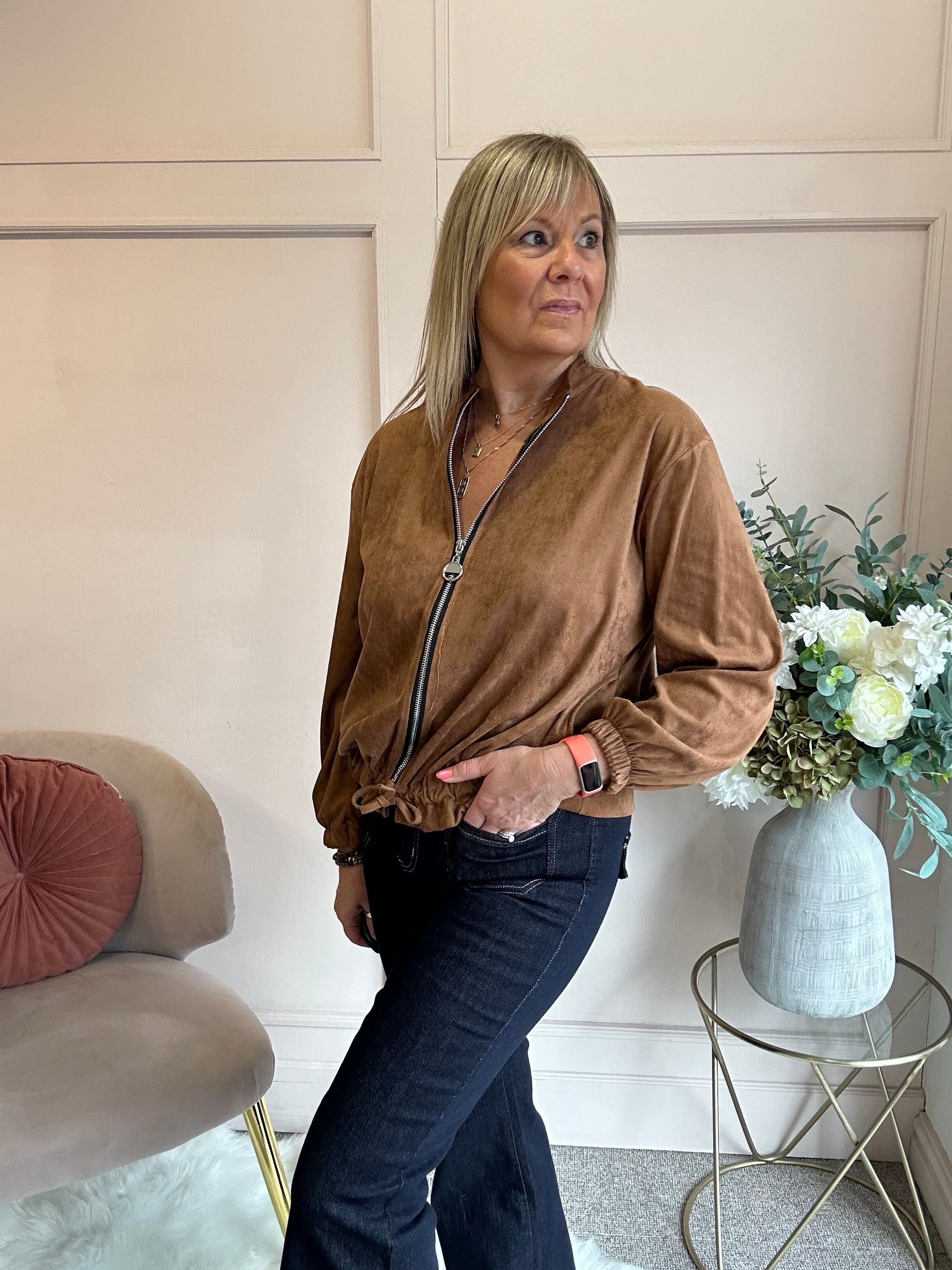 Suedette Zip Jacket - Golden Brown