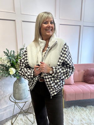Cream Teddy With Gingham Bomber - Cream/Brown