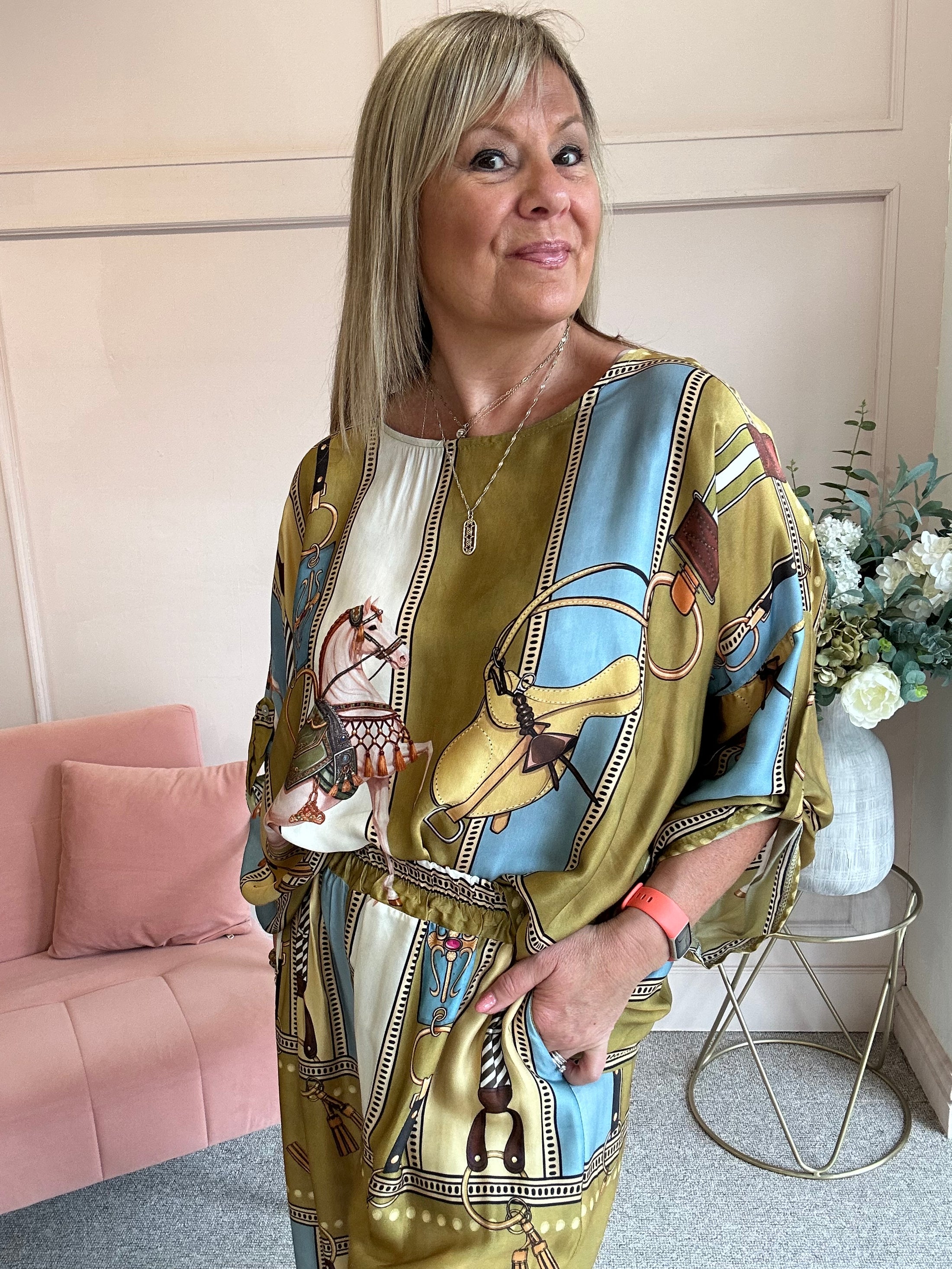 Horse & Bridle Silk Top - Mustard/Blue - Wardrobe By Simone