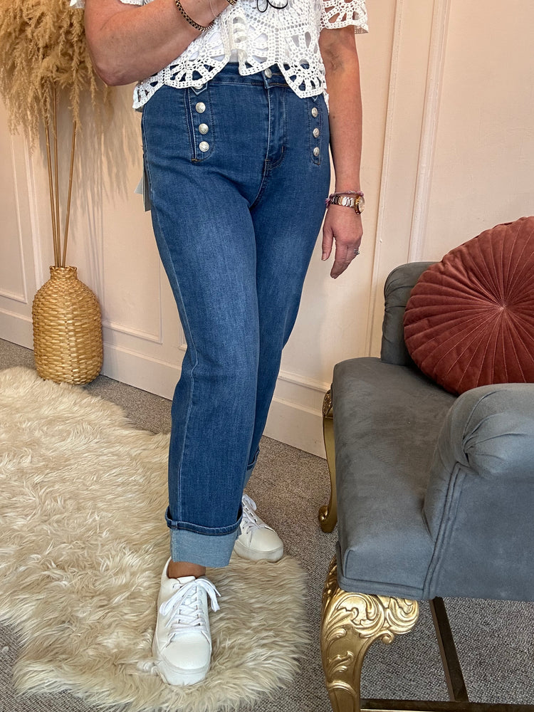 Gold Button Wide Cuff Jeans - Mid Blue
