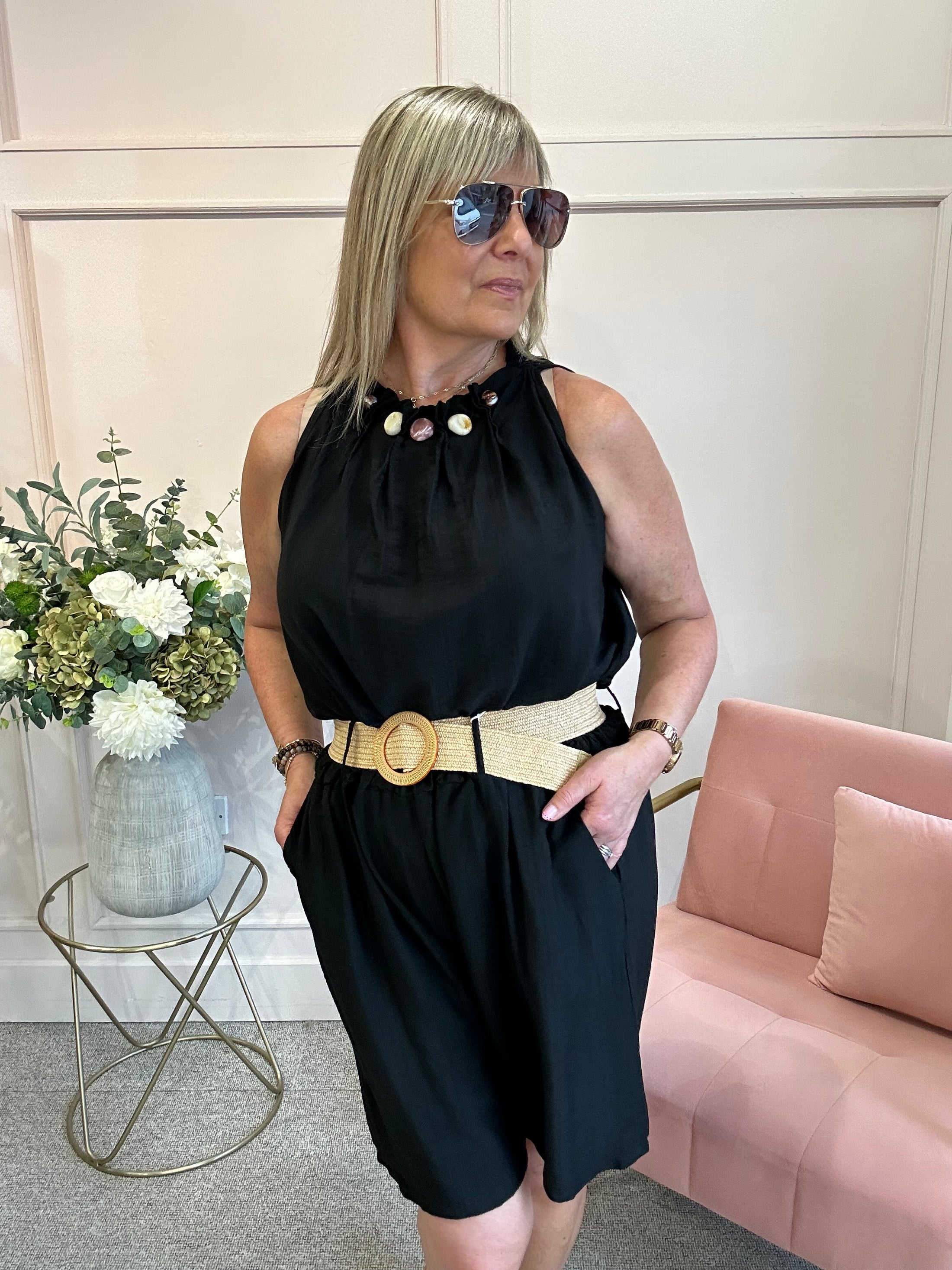 Ruched Neckline Sleeveless Top - Black