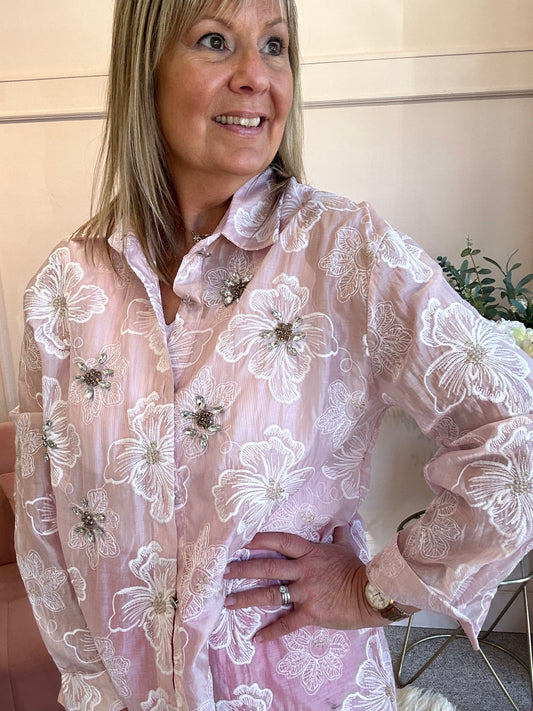 Gold Flower & Gem Detail Shirt  - Pink - Wardrobe By Simone